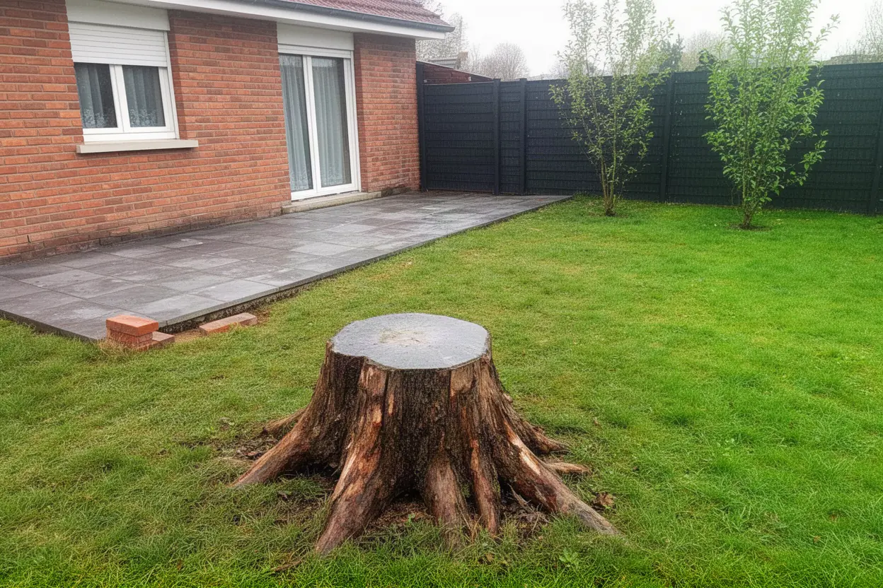Souche de peuplier avant rognage dans un jardin à Camon