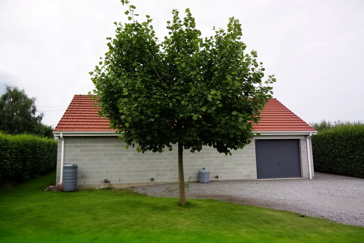 Tilleul touchant un garage avant taille à Rivery