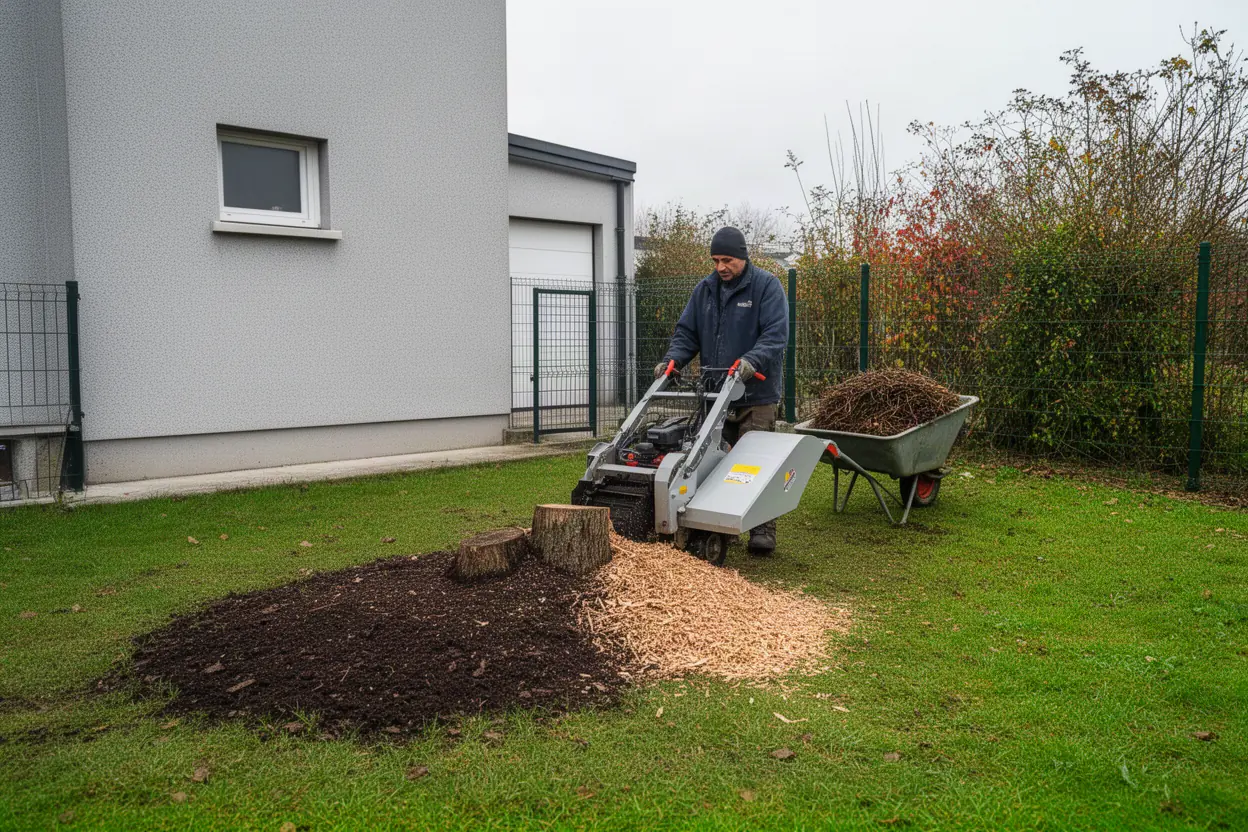 Rogneuse supprimant une souche dans un jardin à Camon