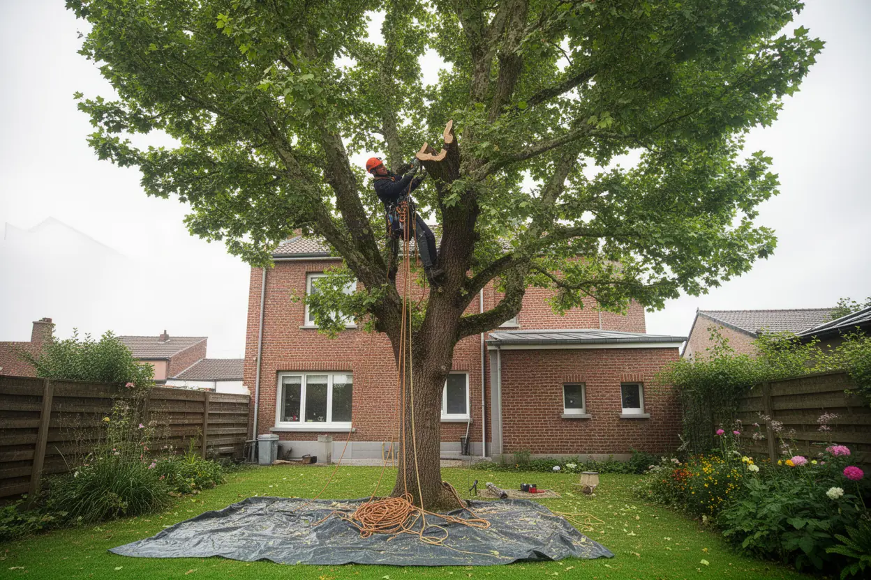 Élagueur taillant un arbre de jardin à Camon